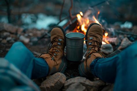 Premium Photo A Pair Of Shoes Sit By A Fire With A Person Wearing Jeans And Boots