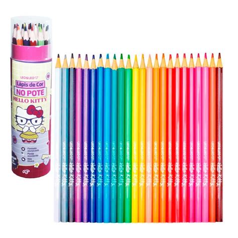 Lapis De Cor Hello Kitty - LAPIS DE COR SEXTAVADO 24 CORES NO POTE HELLO KITTY Leo&leo | Shopee Brasil