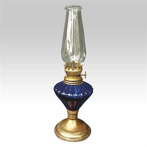 Vintage Small Cobalt Glass Oil Kerosene Lamp With Hand Blown Clear Chimney And Metal Base Made