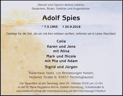 Traueranzeigen Von Adolf Spies Trauer In Nrw De