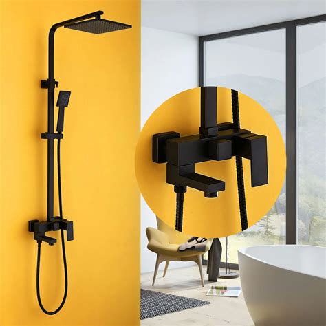 Square Black Painted Solid Brass Wall Mounted Lifting Shower Set with Dual Handles Spout Out Air ...