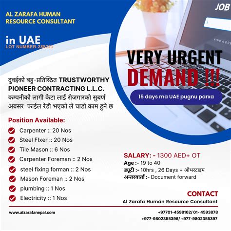 VERY URGENT And Various Position Demand In UAE Male 54 Nos Alzarafa