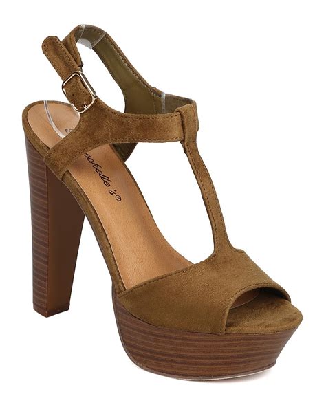 Breckelles FD05 Women Faux Suede Peep Toe T Strap Wooden Chunky Heel