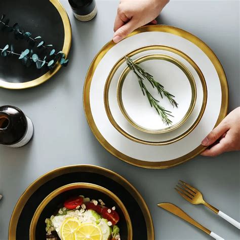 Gold Inlay Dinnerware Collection Ceramic Plate And Bowl With Gold Edge