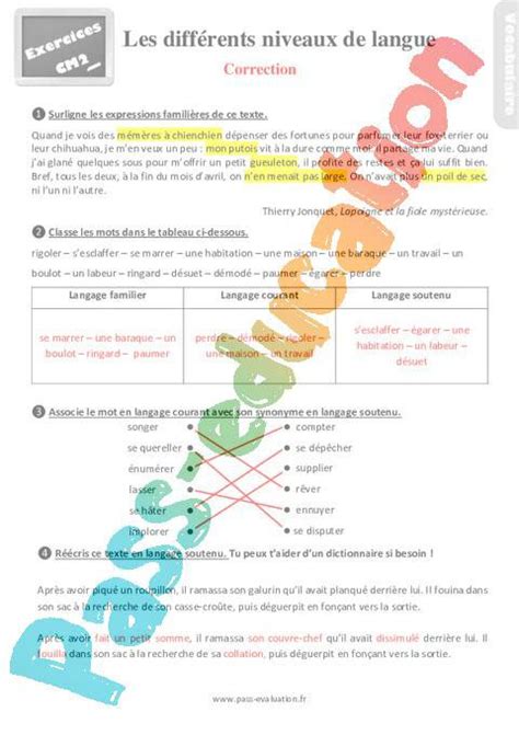 Evaluation Avec La Correction Au Cm Les Diff Rents Niveaux De Langue