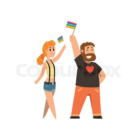 Man And Woman With Rainbow Flags Lgbt Community Celebrating Gay Pride Cartoon Vector