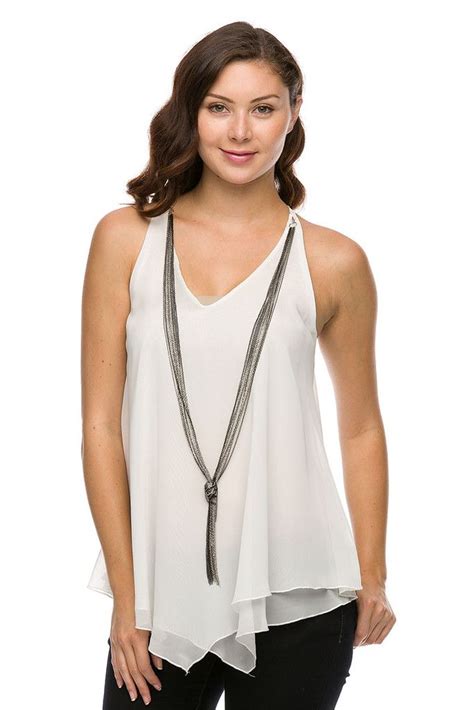 White Chiffon Sleeveless Top W Necklace Detail White Chiffon Tops