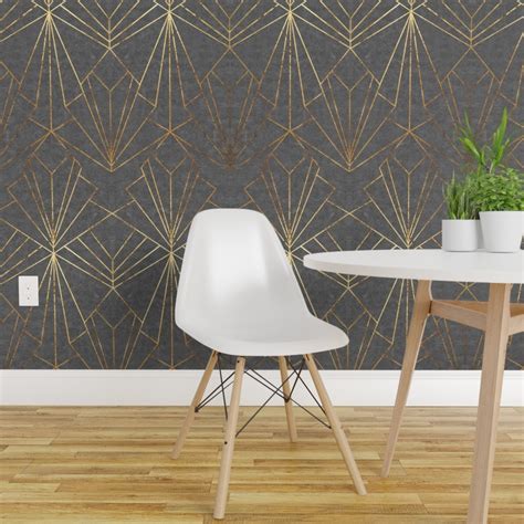 Pre Pasted Wallpaper 2ft Wide Art Deco Geometric Faux Gold Look Grey