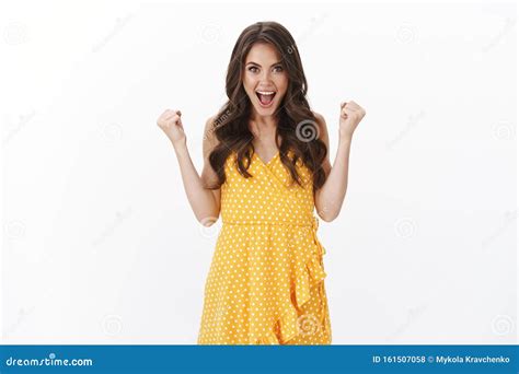 Lucky Ambitious Cute Brunette Girl Cheering Celebrating Victory Clench Hands Fist Pump