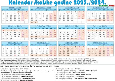 Školski Kalendar Osnovnih I Srednjih škola S Praznicima 20232024