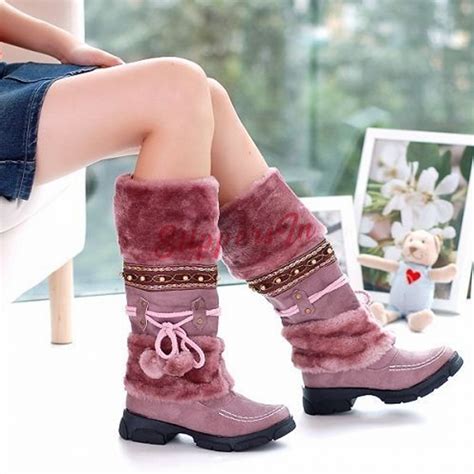 Women S Snow Boots Faux Fur Over Mid Calf Pom Pom Winter Boots