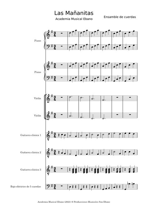 Las Mañanitas Dominio Público Sheet Music For Piano Violin Guitar Bass Guitar String