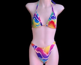 Colorful 80s 90s High Cut Thong Bikini Set Etsy