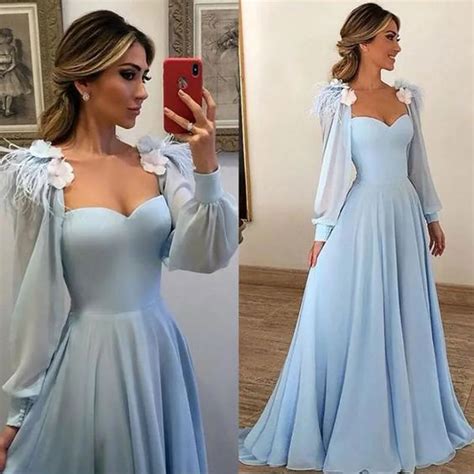 Sky Blue Chiffon Long Lantern Sleeves Flowing Prom Dress Summer Fur