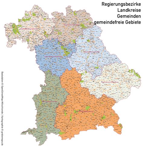 Bayern Vektorkarte Gemeinden Landkreise Postleitzahlen Plz