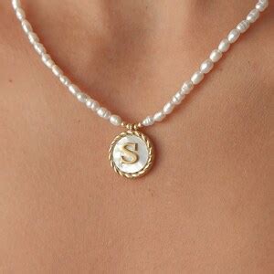 Personalized Mother Of Pearl Initial Necklace Freshwater Pearl Beads