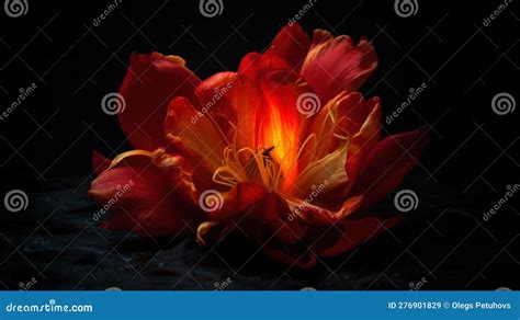 A Red And Yellow Flower On A Black Background In The Dark Stock