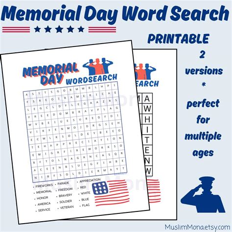 Memorial Day Word Search: Printable Activity for Kids (2 Difficulty