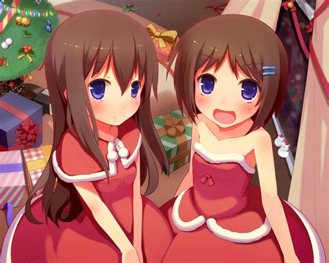 2girls Bell Blue Eyes Blush Bow Brown Hair Cape Christmas Dress Long Hair Nerv110 Original