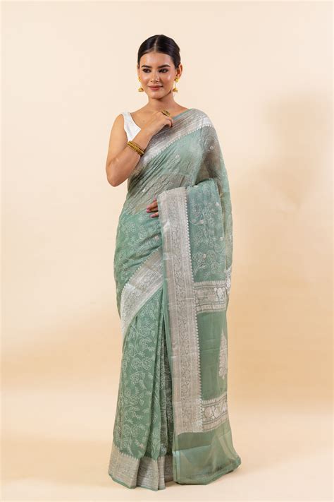 Algae Green Chiffon Saree Tabakashi