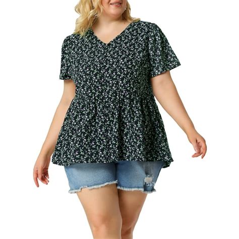 Unique Bargains Womens Plus Size Floral V Neck Short Sleeve Peplum Top