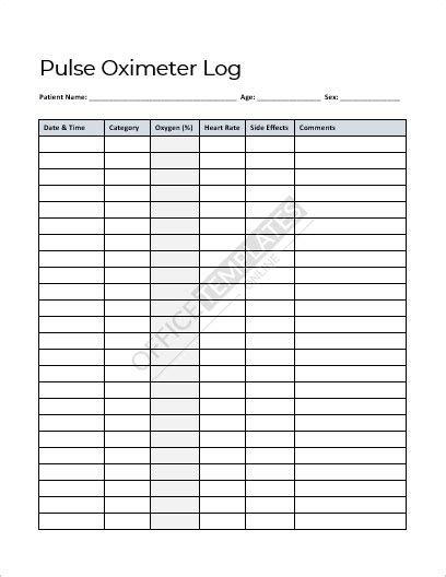 5 Printable Free Pulse Oximeter Chart Log Templates