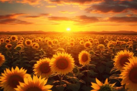 Premium Photo Sunset Over Fields Of Sunflowers