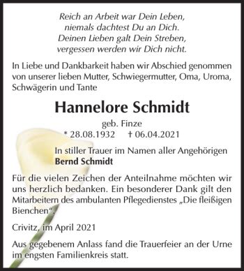 Traueranzeigen Von Hannelore Schmidt Trauer Nordkurier