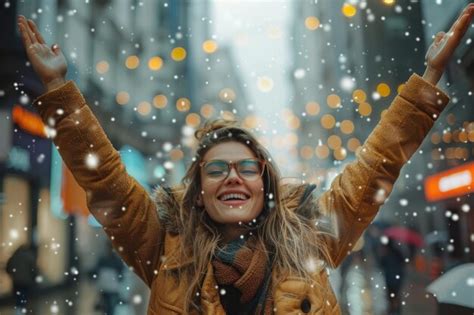 Premium Photo Happy Woman Raised Her Hands Up Celebrating Success