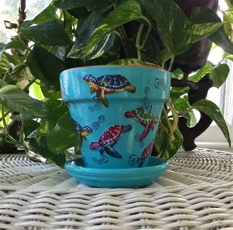 Turtle Flower Pot With Saucer Sea Turtle Terracotta Turtle Planter