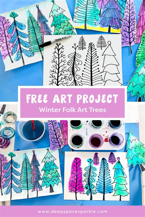 Winter Folk Art Trees Deep Space Sparkle Winter Art Lesson Holiday Art Projects