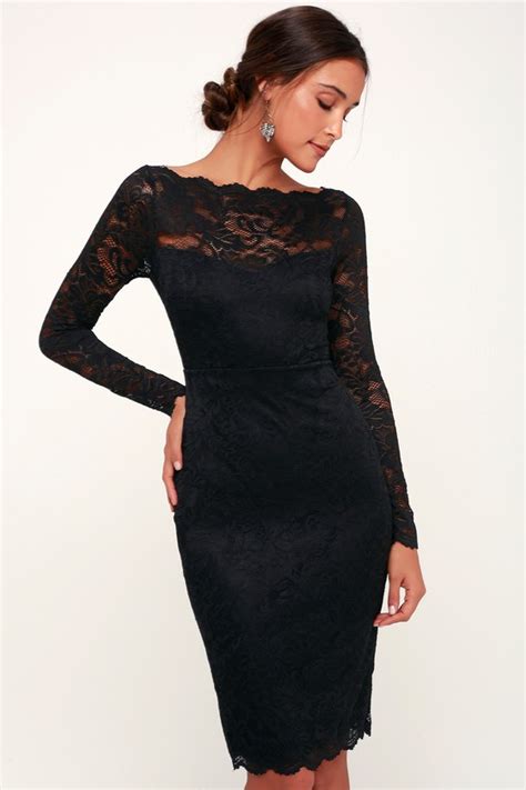 Cute Black Lace Dress Lace Bodycon Dress Long Sleeve Dress Lulus