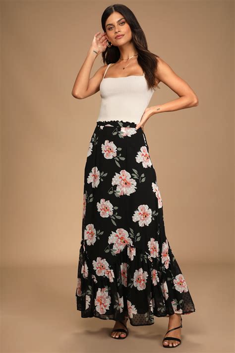 Black Maxi Skirt Floral Print Skirt Ruffled Maxi Skirt Lulus