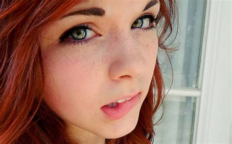 Hd Wallpaper Biting Lip Face Freckles Green Eyes Redhead Women