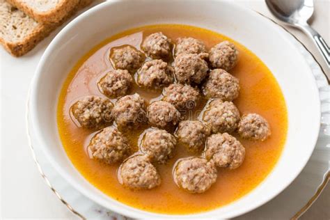 Turkish Food Sulu Kofte Juicy Meatballs Soup With Bread Stock Image