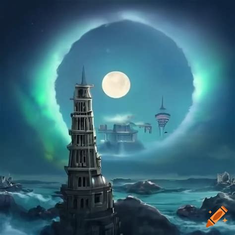 Anime Depiction Of The Tower Of Babel And The Northern Lights On Craiyon