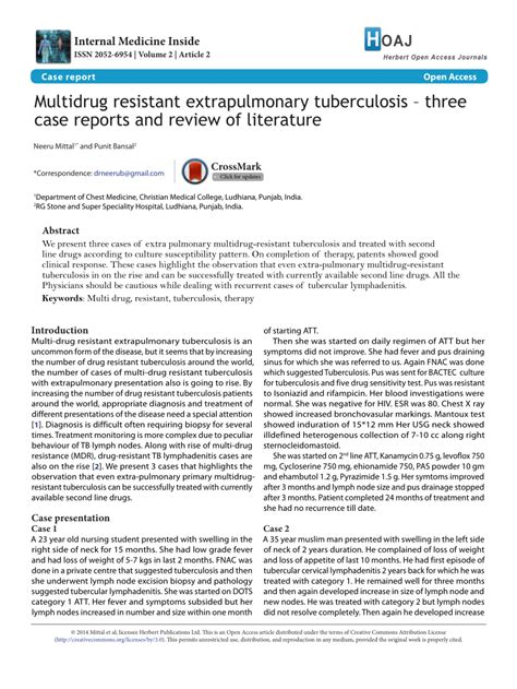 PDF Multidrug Resistant Extrapulmonary Tuberculosis Three Case