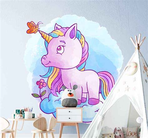 Sticker Mural Cin Ma Licorne Avec Papillon Et Arc En Ciel Tenstickers