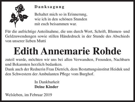 Traueranzeigen Von Edith Annemarie Rohde Abschied Nehmen De