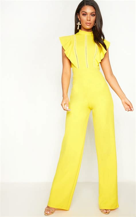 Yellow Frill Sleeve Lace Trim Jumpsuit Prettylittlething