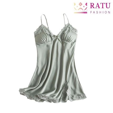Jual Ratu Fashion Baju Tidur Lingerie Wanita Gaun Mini Deep V Silk Renda Bahan Satin Bt