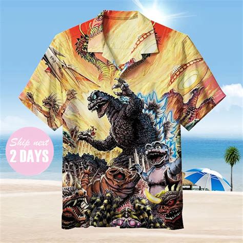 Godzilla Hawaiian Shirt Godzilla Button Shirt Vintage Hawaii Etsy