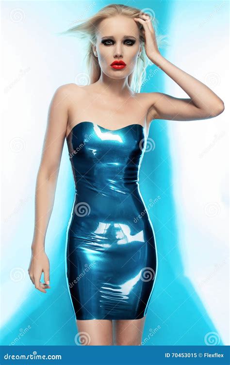 Blonde Woman In Blue Latex Dress Stock Image Image Of Fetish