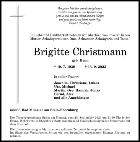 Traueranzeigen Von Brigitte Christmann Rz Trauer De