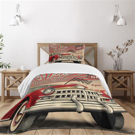 Ambesonne Cars Bedspread Set Repait Shop And Service Red Grey Sepia