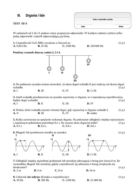 drgania i fale fizyka Ćwiczenia Fizyka Docsity