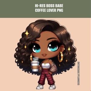 Chibi Clipart Boss Babe Coffee Lover PNG Girl Boss Fashion Black Girl Clipart PNG Digital