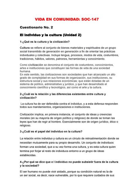 VIDA EN Comunidad Cuestionario 2 VIDA EN COMUNIDAD SOC