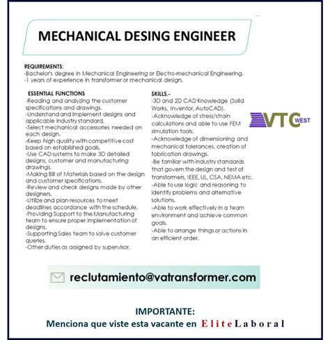 Vacante Mechanical Desing Engineer Elitelaboral