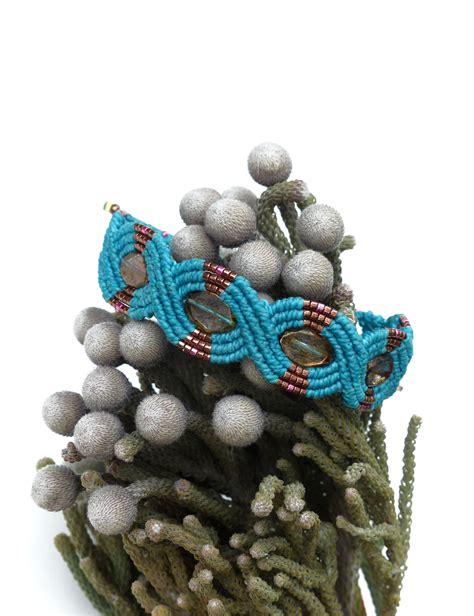 Turquoise Blue And Plum Macrame Bracelet With Miyuki Delica Seed Beads